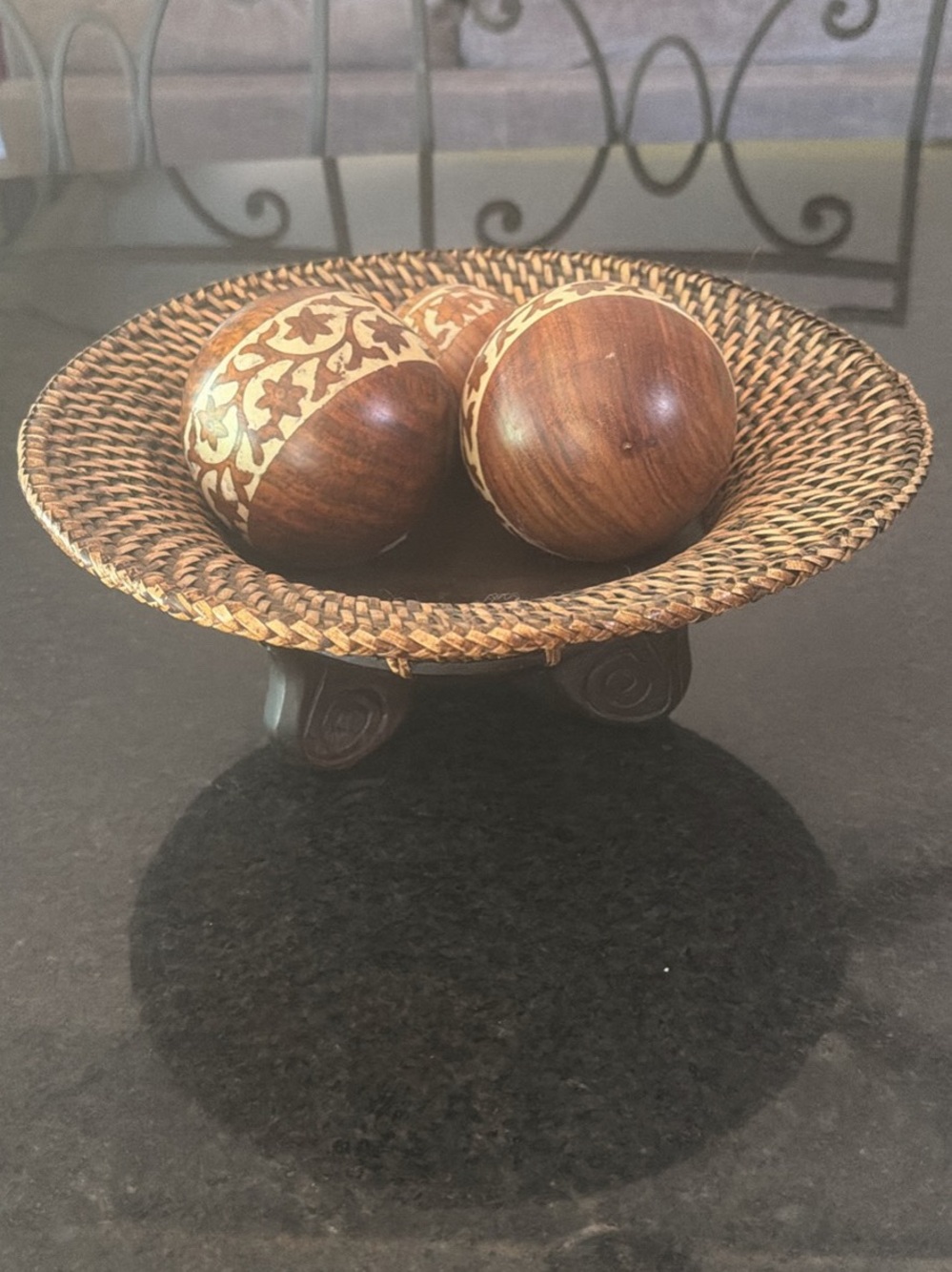 Handwoven Rattan Decorative Bowl with Wooden Accent Balls - Brown